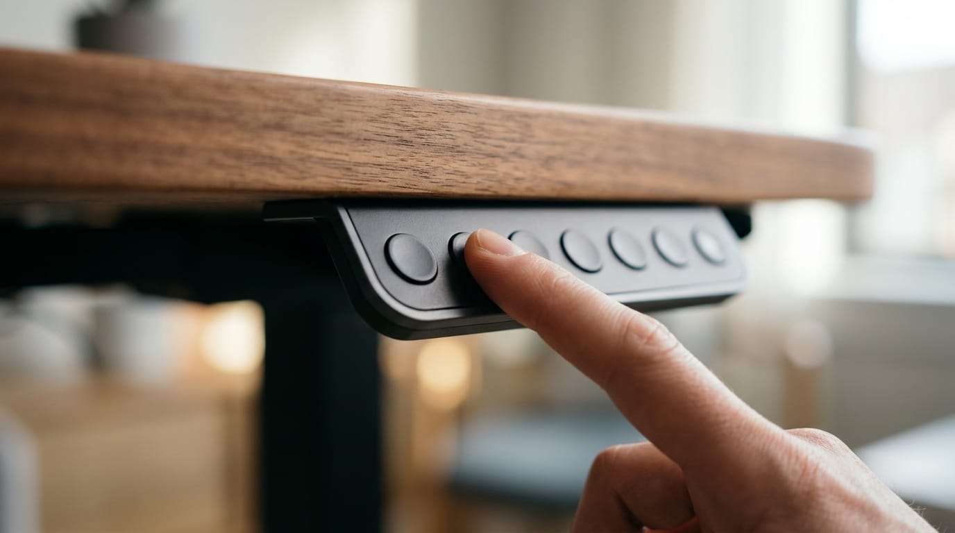 A fingertip pressing a memory-preset height button on the control keypad under a wood standing desk